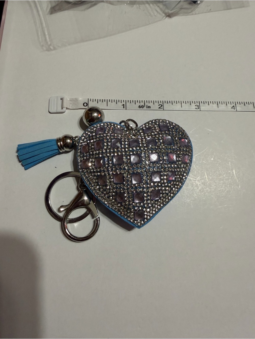Rhinestone Heart Keyring with Blue Tassel
